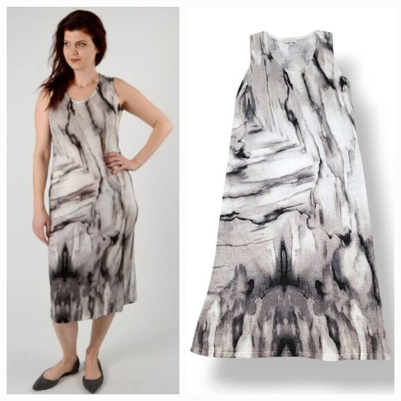 NEW Kinross Cashmere 100% Linen Waterfall Print Tank Dress Grey Combo Size Large - Picture 1 of 8